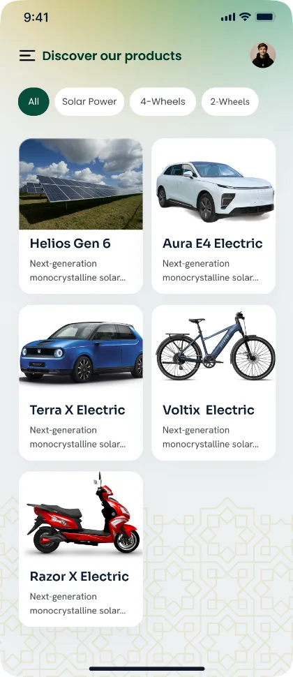 Customer app: browse solar and EV products