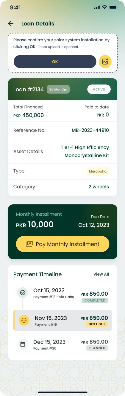 Customer app: monthly payment timeline