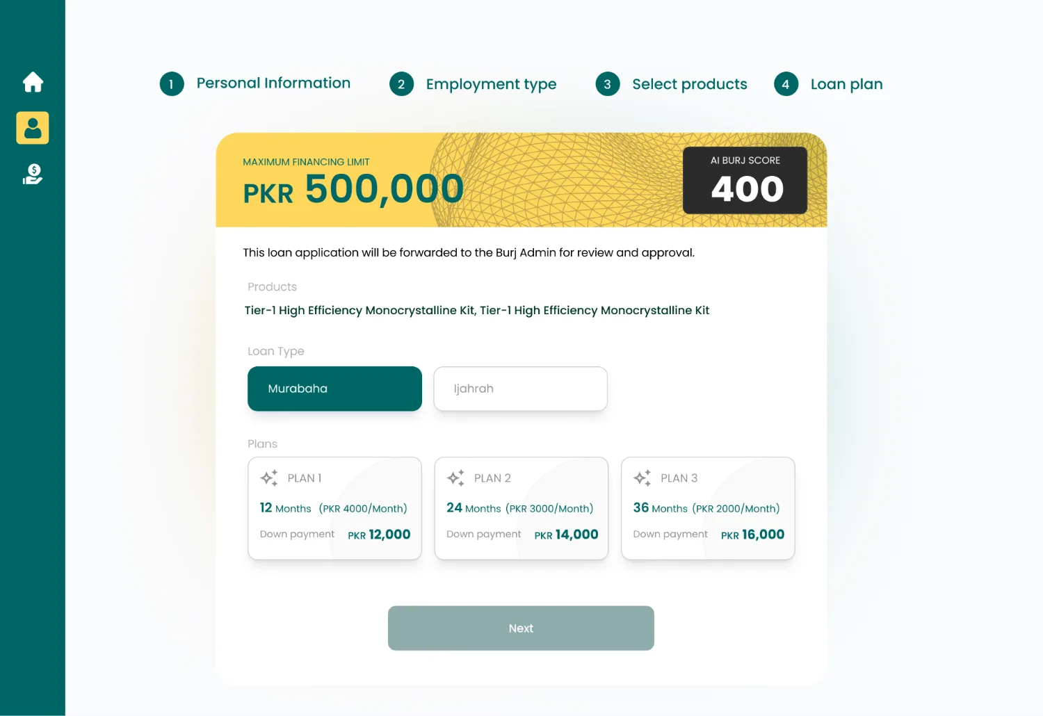 Merchant app showing the AI score, financing limit and monthly plans