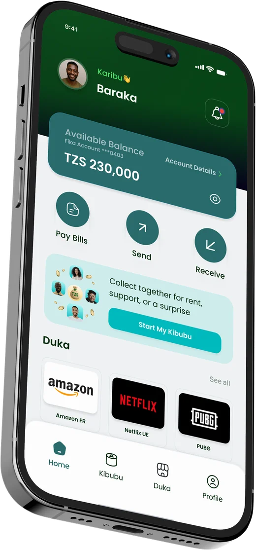 FIKA app home screen with balance, Kibubu and Duka