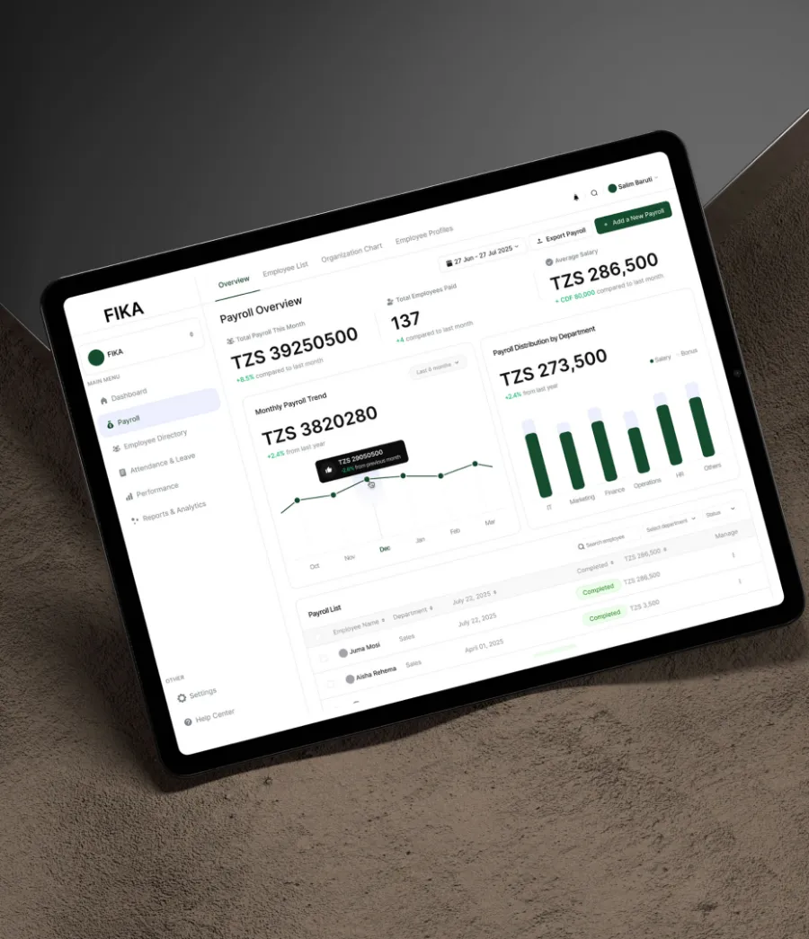 FIKA payroll dashboard on a tablet