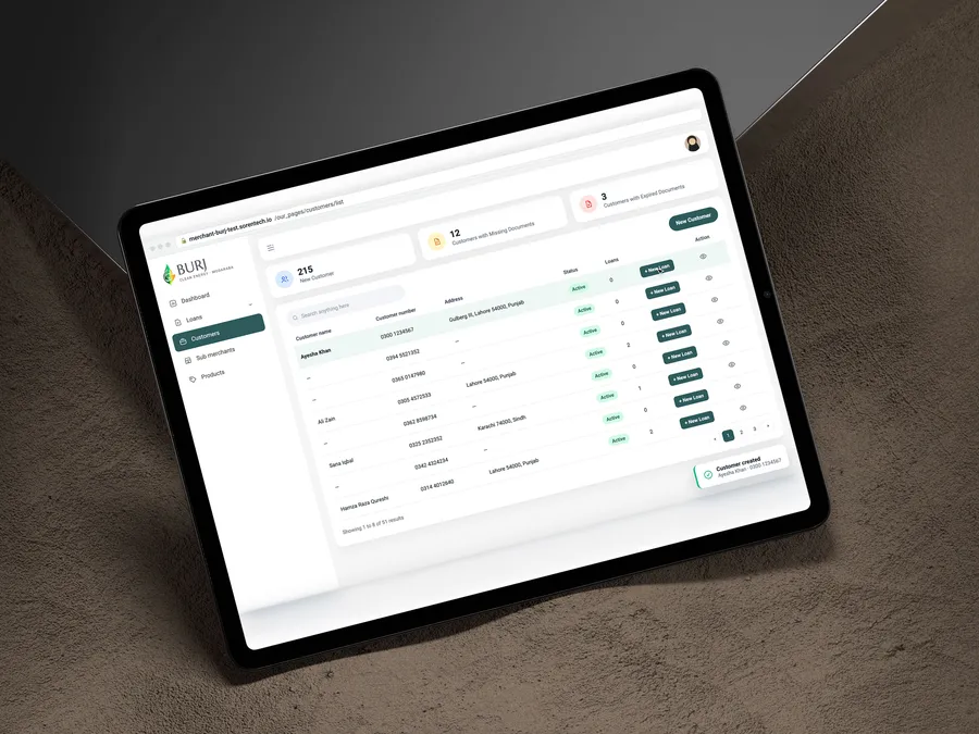 Ownara green lending merchant portal on a tablet