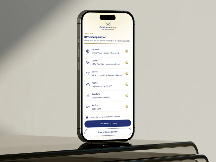 Gulf African Bank digital loan application review screen